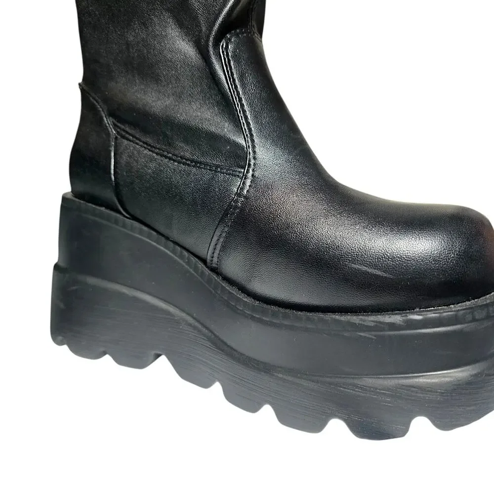 Black Knee High Platform Wedge Boots Chunky Lug Sole Back Zip Size 8.5